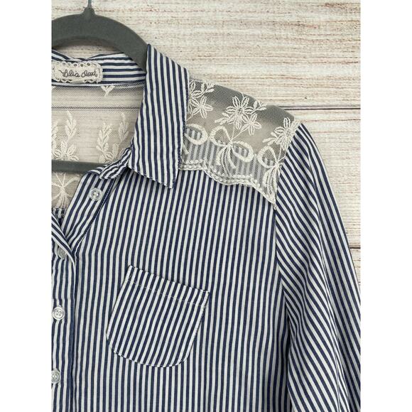 Lili's Closet 1/2 Button Striped Lace Back Tunic Top Women's Medium Blue/White - Picture 3 of 10